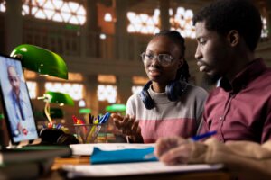 diverse students team engaging video call with doctor