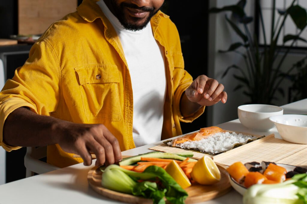 view people learning how make traditional sushi dish
