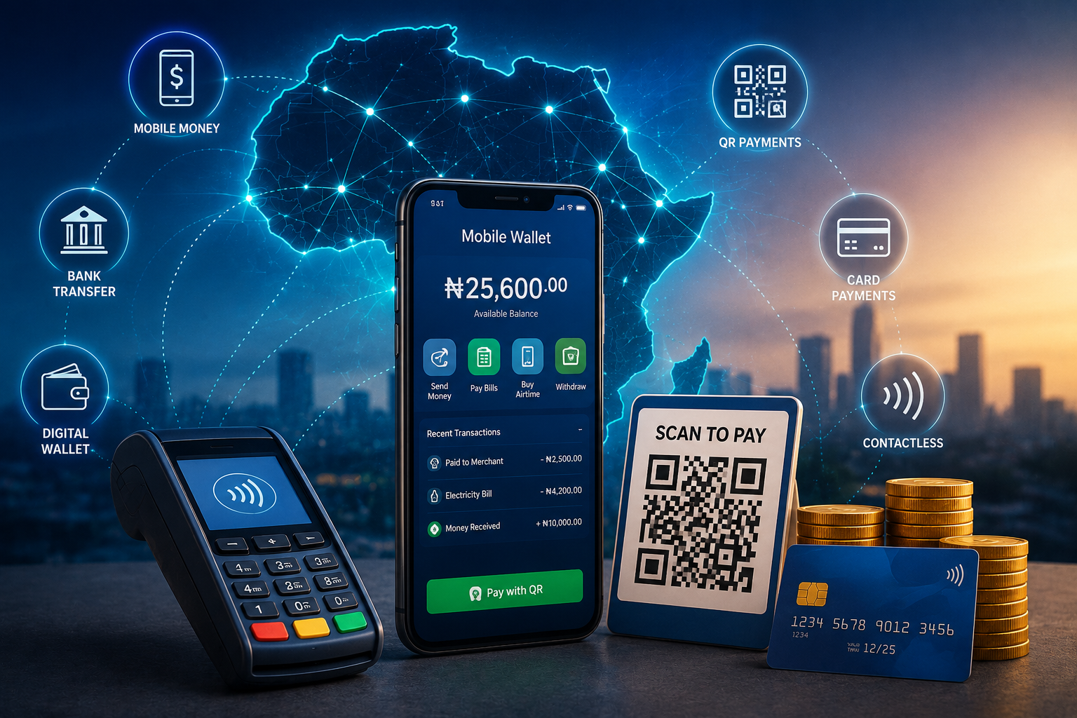 Digital Payments in Africa: The Complete Guide to a Smarter Cashless Future (2026) 1 A smartphone displaying a mobile wallet alongside a QR code, payment terminal, bank transfer icons, and a digital map illustrating digital payments in Africa.