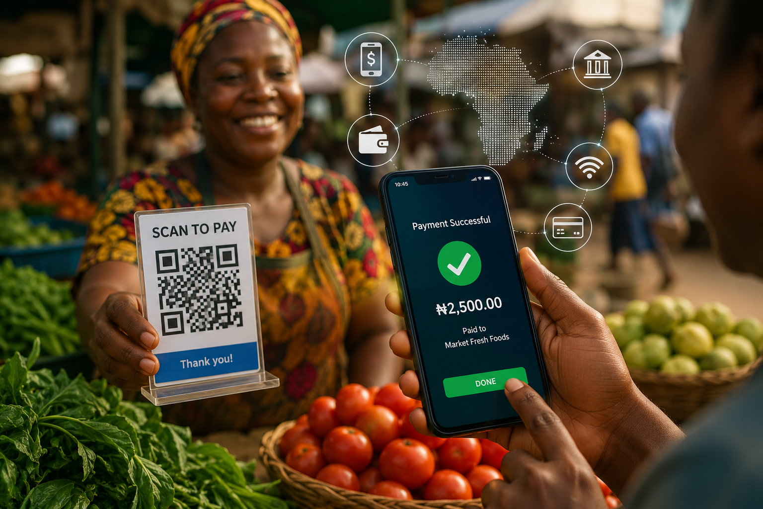 Digital Payments in Africa: The Complete Guide to a Smarter Cashless Future (2026) 2 A customer uses a smartphone to complete a digital payment in Africa by scanning a QR code at a local market stall selling fresh produce.