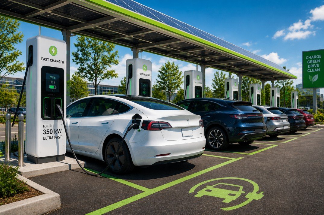 The Exciting Future of Electric Vehicles: 10 Major Changes Every Driver Should Expect by 2030 2 Electric vehicles charging at a modern fast charging station