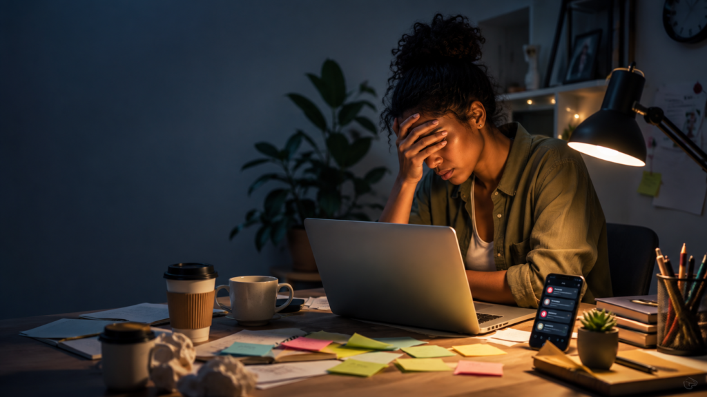 Signs you're burnt out shown through a mentally exhausted woman working late at a laptop in a cluttered workspace.