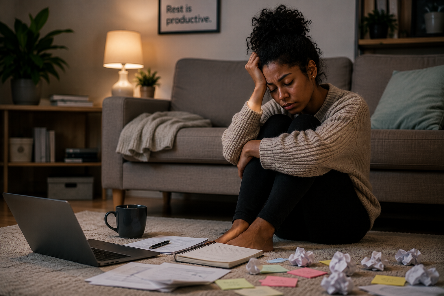 10 Signs You're Burnt Out and How to Recover Quickly 3 A woman sitting on the floor looking emotionally exhausted, illustrating the signs you're burnt out after prolonged stress and mental fatigue.