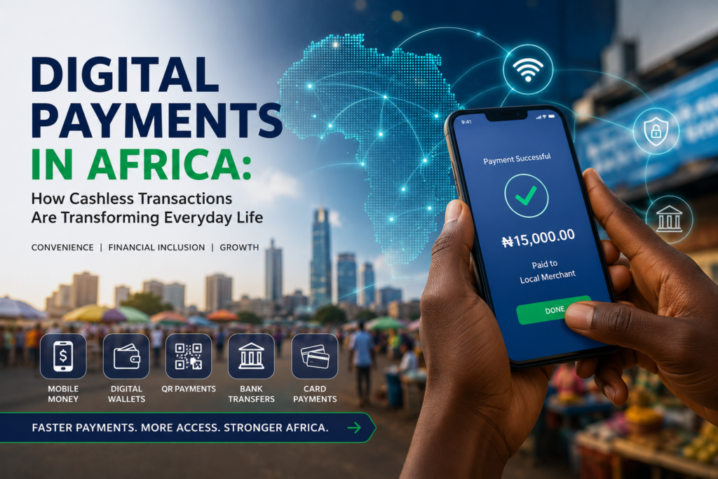 A person using a smartphone to make a digital payment in Africa with a fintech payment interface, mobile money icons, and an African city skyline in the background.