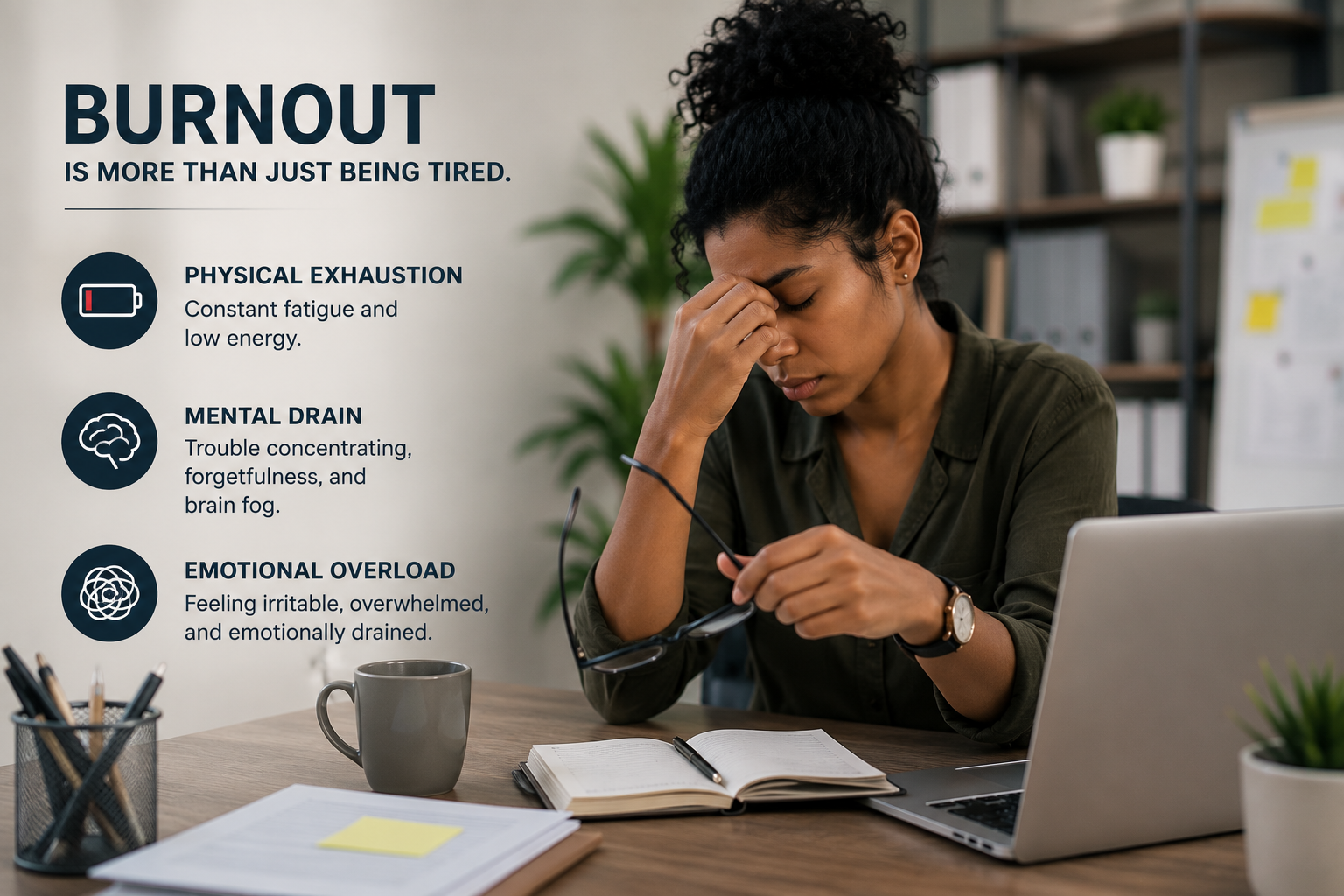 10 Signs You're Burnt Out and How to Recover Quickly 1 Infographic showing the signs you're burnt out, including physical exhaustion, mental drain, and emotional overload in a stressed office worker.