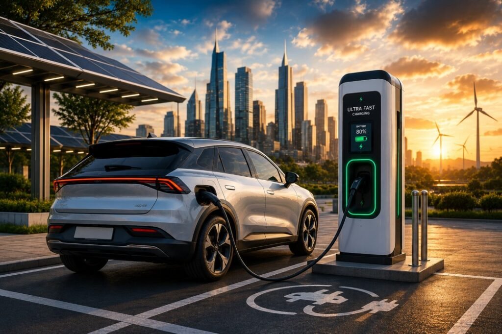 Future of electric vehicles charging at a modern EV charging station