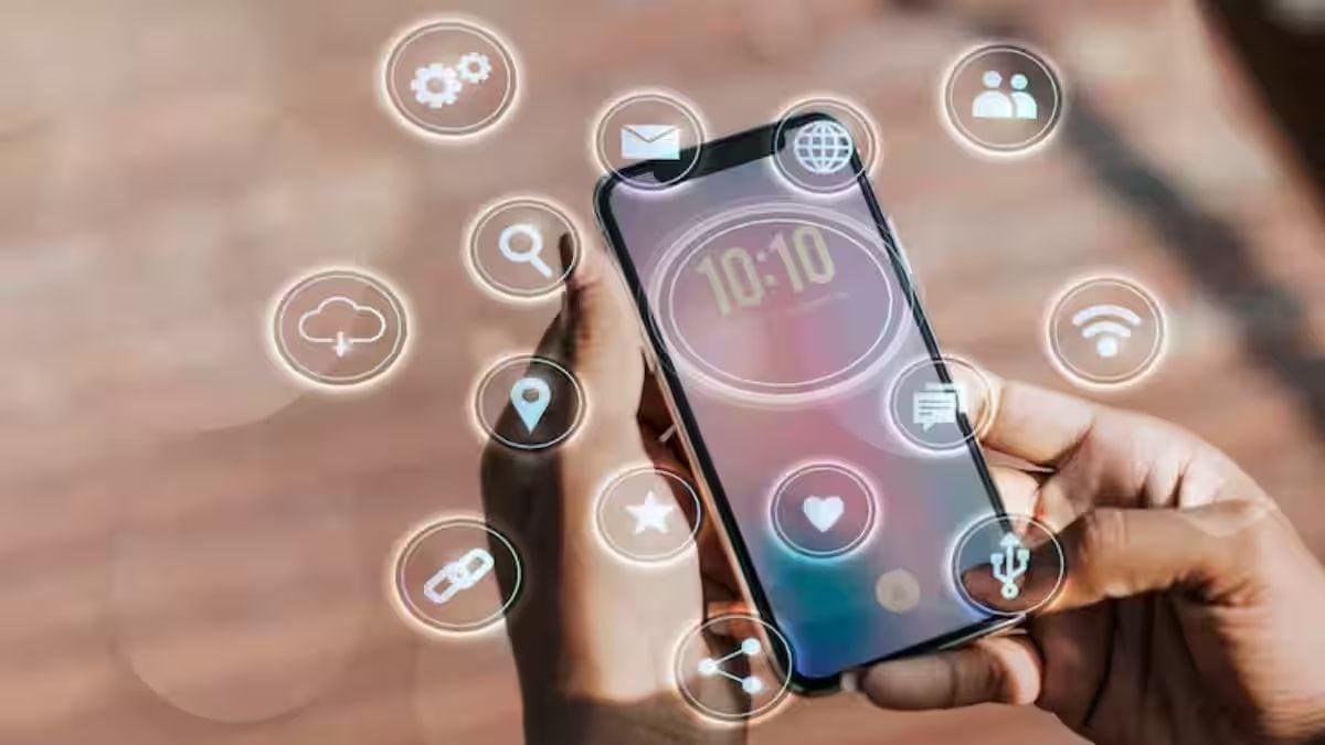 Smartphone displaying icons representing personal data such as location, payment details, email, and search history.