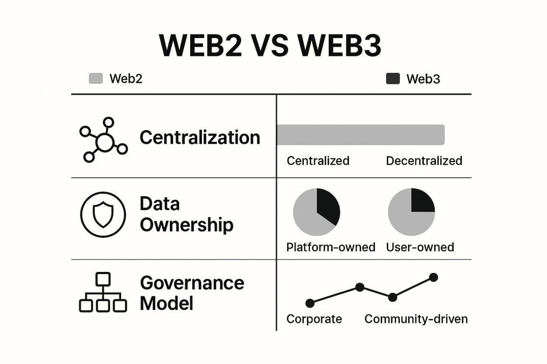 What Is Web3? The Best Beginner's Guide to the Future of the Internet 2 Comparison between Web2 and Web3 technologies showing differences in ownership, privacy, decentralization, and data control