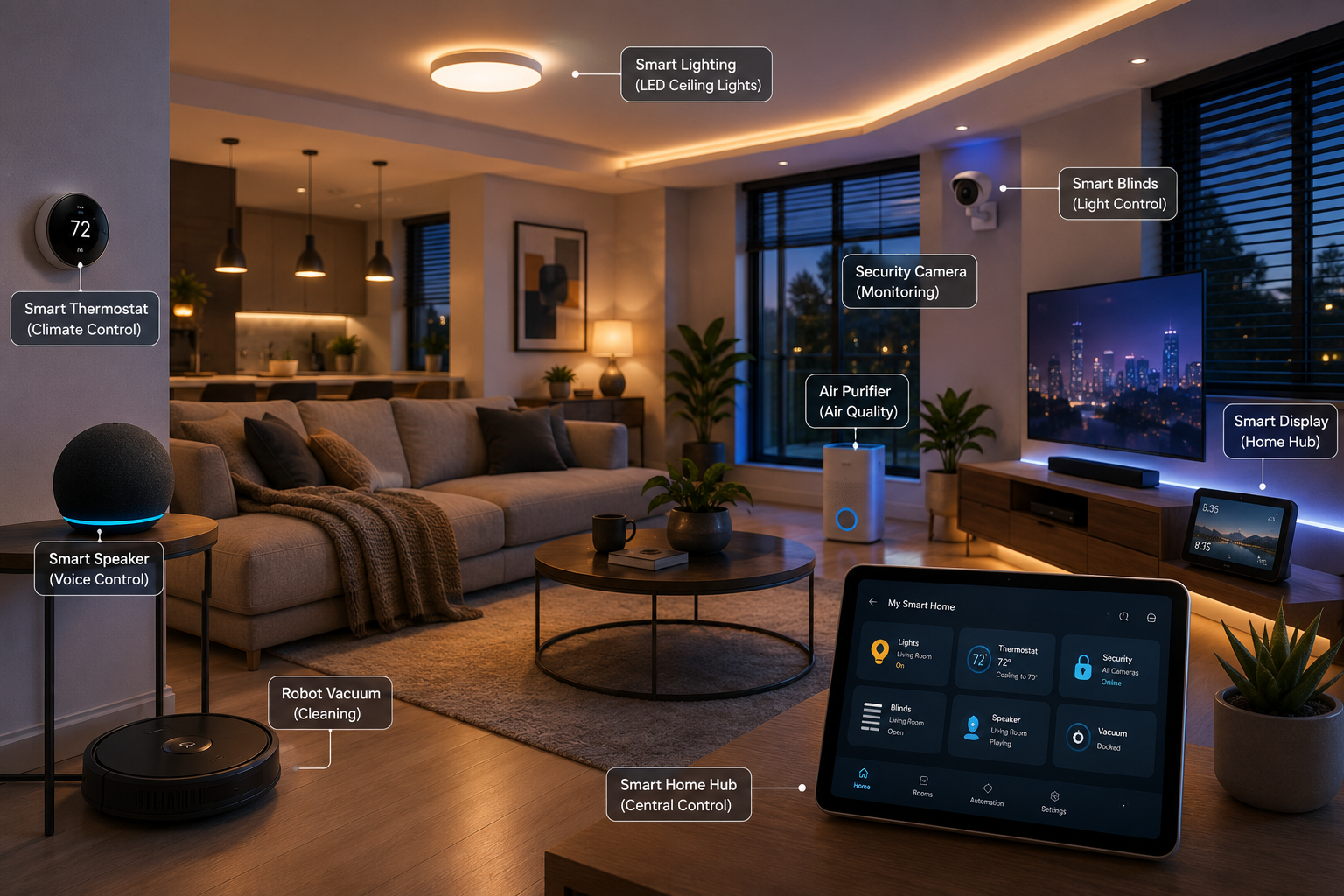 15 Best Smart Home Devices Worth Buying in 2026 (Tested Picks for Every Budget) 3 A modern smart home featuring connected devices including smart lighting, smart speaker, thermostat, robot vacuum, smart display, security camera, air purifier, and smart blinds.