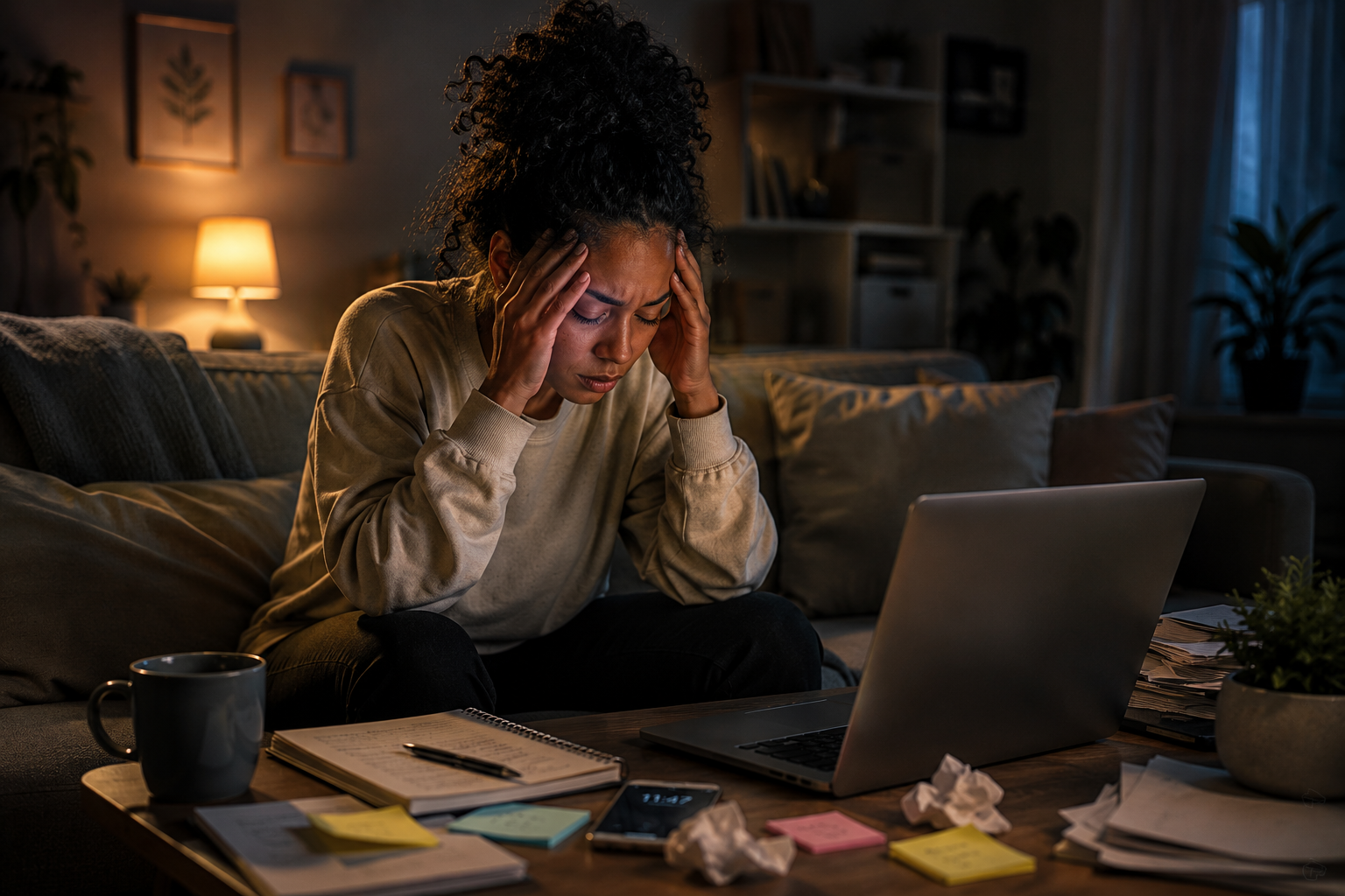 10 Signs You're Burnt Out and How to Recover Quickly 2 A woman feeling overwhelmed while working late from home, illustrating the signs you're burnt out through emotional stress and mental exhaustion.
