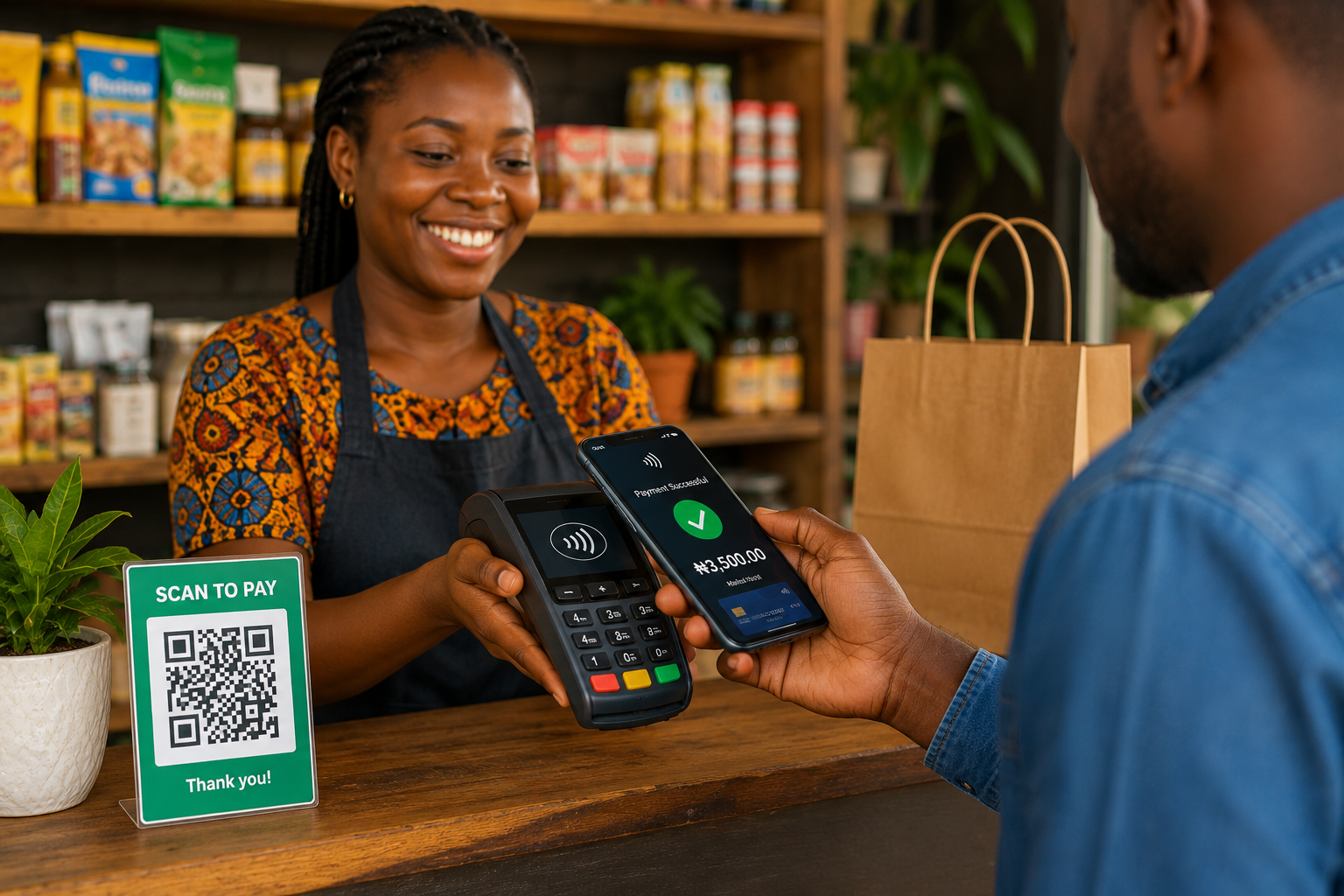 Digital Payments in Africa: The Complete Guide to a Smarter Cashless Future (2026) 3 A customer uses a smartphone to make a contactless payment at a retail shop while a cashier holds a payment terminal, demonstrating digital payments in Africa.