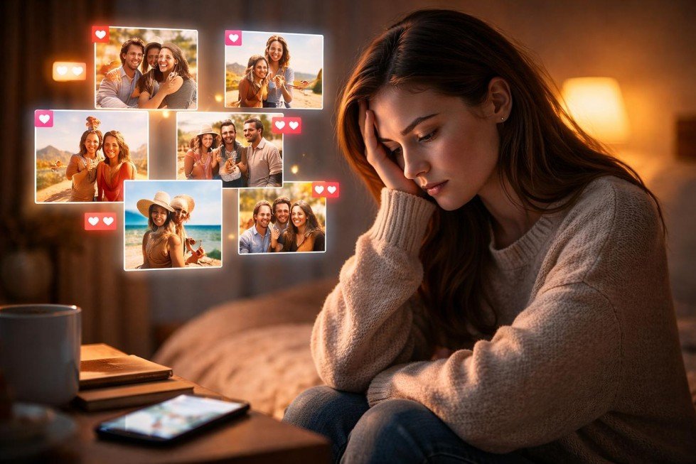 7 Powerful Social Media and Mental Health Effects: Good or Bad? 1 person comparing their life while scrolling through social media
