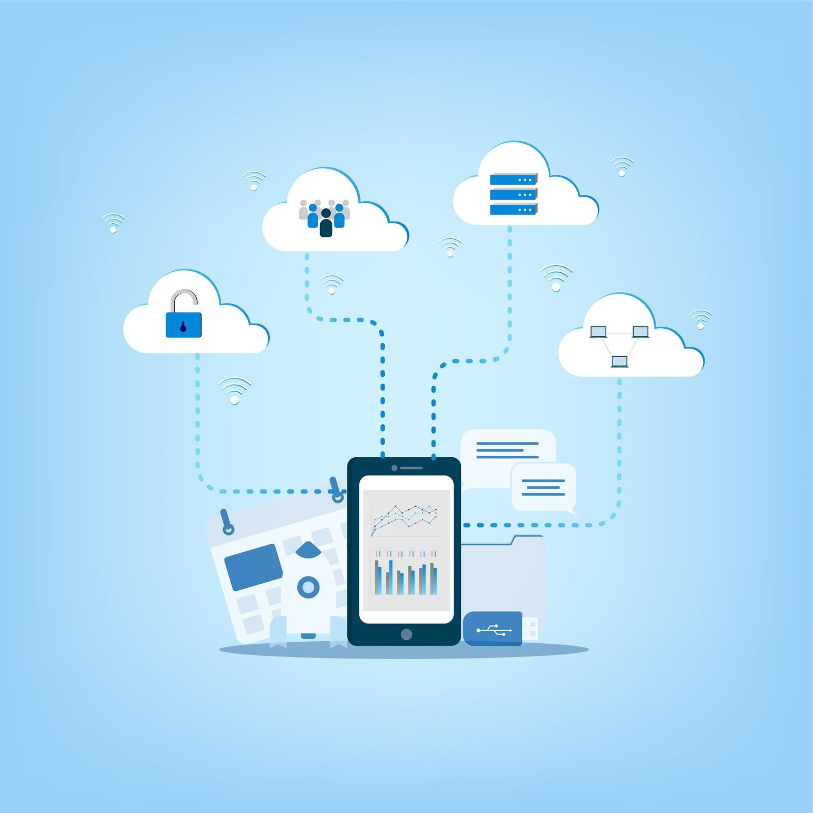 Illustration showing app data stored on a phone, company servers, and cloud backups after an app is deleted.