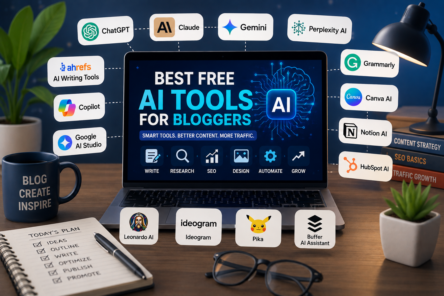 15 Best Free AI Tools for Bloggers in 2026 (Tested to Grow Your Blog Faster) 2 Best free AI tools for bloggers comparison dashboard showing AI writing, SEO, image generation, research, and productivity tools for smarter content creation.