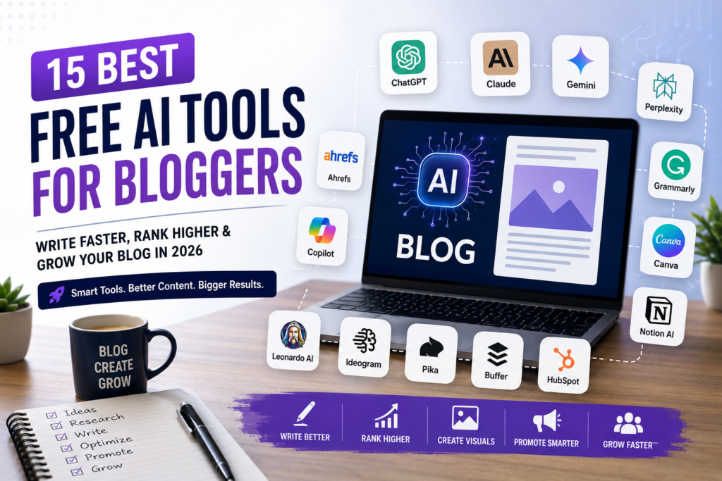 Best free AI tools for bloggers displayed on a laptop with AI writing, SEO, design, and productivity tools for faster content creation in 2026.