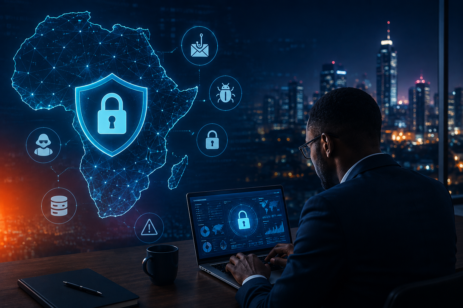 Cybersecurity in Africa: The Critical Cyber Threat Facing Businesses in 2026 2 African business professional monitoring cybersecurity threats on a laptop