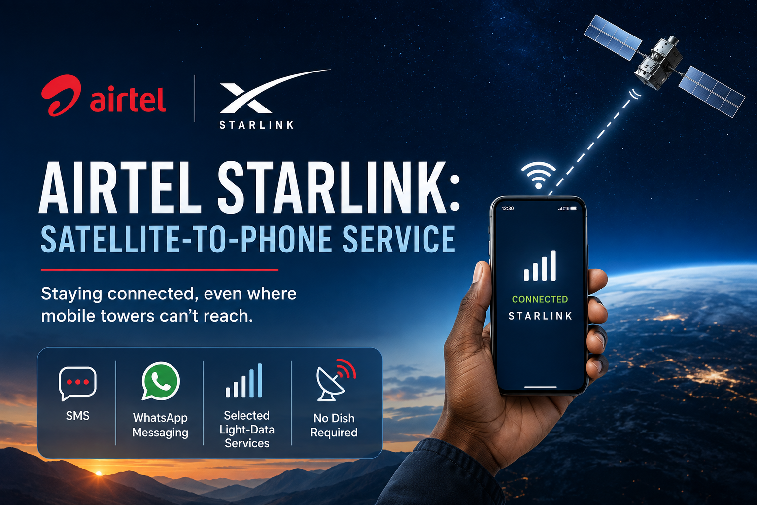 Airtel Starlinks satellite-to-phone service connecting a smartphone to a Starlink satellite