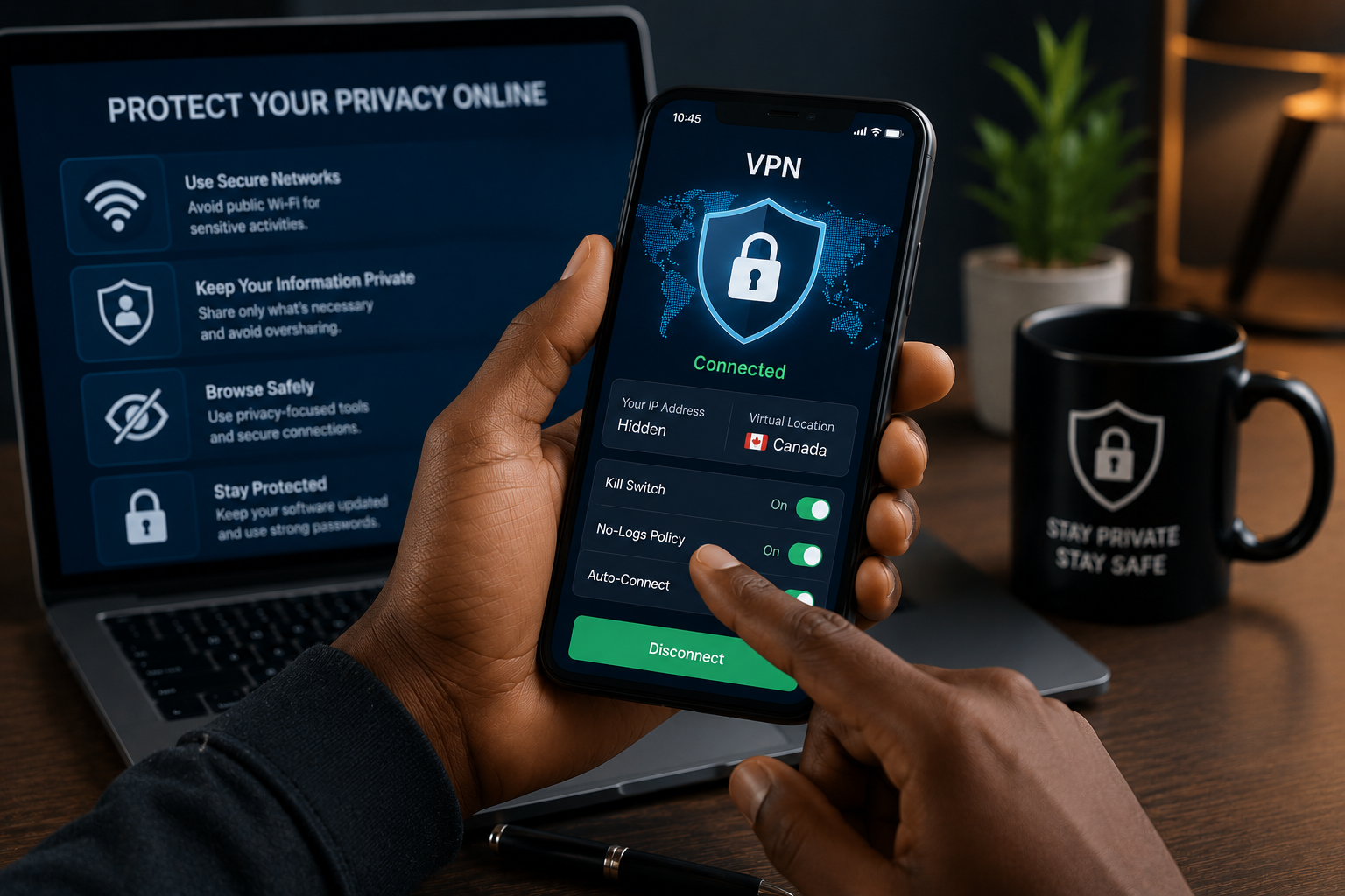 How to protect your privacy online by using a VPN, secure browser, and encrypted internet connection on a laptop