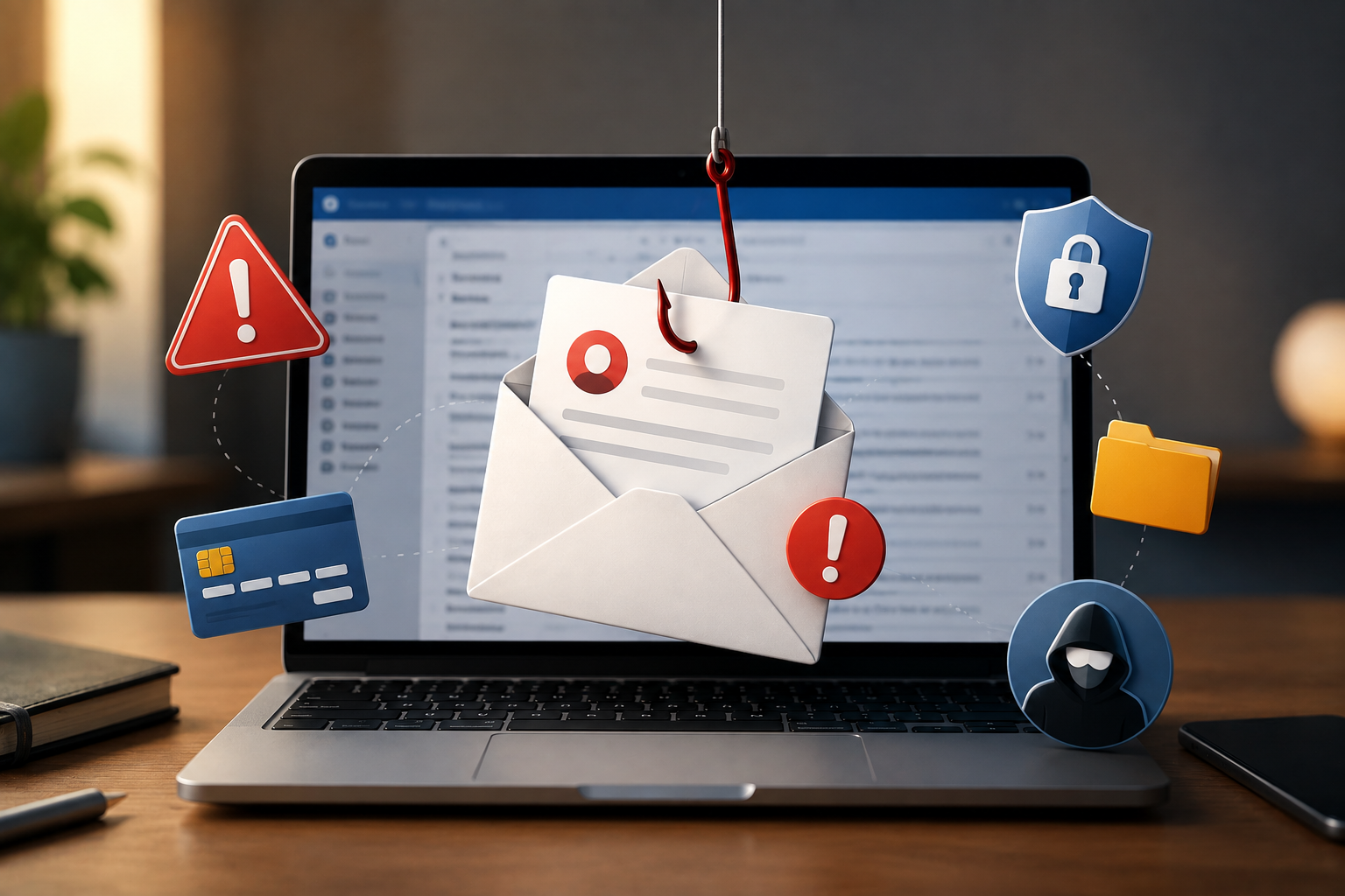 Laptop displaying a phishing email with cybersecurity warning icons illustrating common email scams and online phishing attacks.