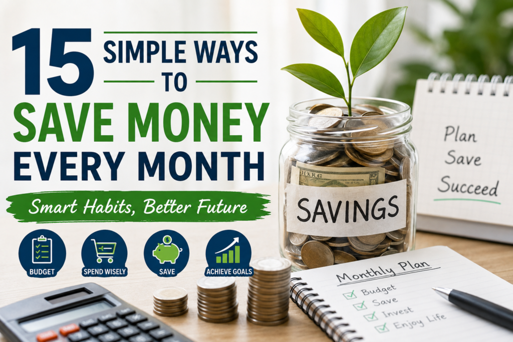 Ways to save money every month with a budget planner, calculator, piggy bank, stacked coins, cash savings, and financial planning tools on a bright workspace.
