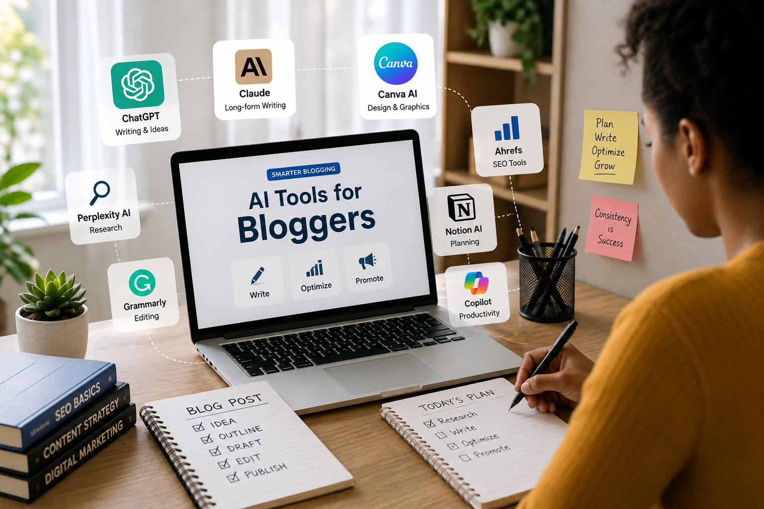15 Best Free AI Tools for Bloggers in 2026 (Tested to Grow Your Blog Faster) 1 Best free AI tools for bloggers displayed in a modern home office workspace with a blogger planning content using AI writing, SEO, and productivity tools.