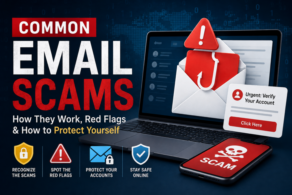 Common email scams illustration showing a phishing email on a laptop with cybersecurity warning icons