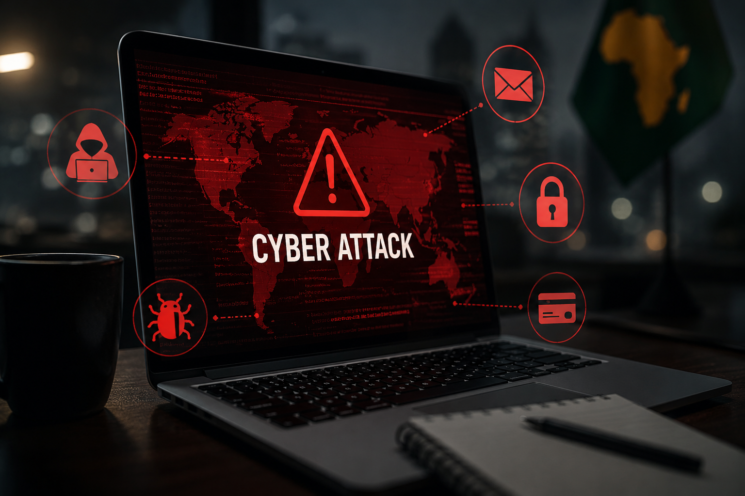 Cybersecurity in Africa: The Critical Cyber Threat Facing Businesses in 2026 1 Laptop displaying a cyber attack warning and cybersecurity threats