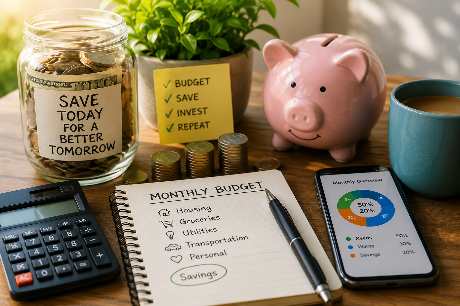 15 Simple Ways to Save Money Every Month (Easy Tips That Actually Work in 2026) 3 Ways to save money every month with a monthly budget planner, calculator, smartphone budget app, piggy bank, coins, and savings jar on a tidy desk.