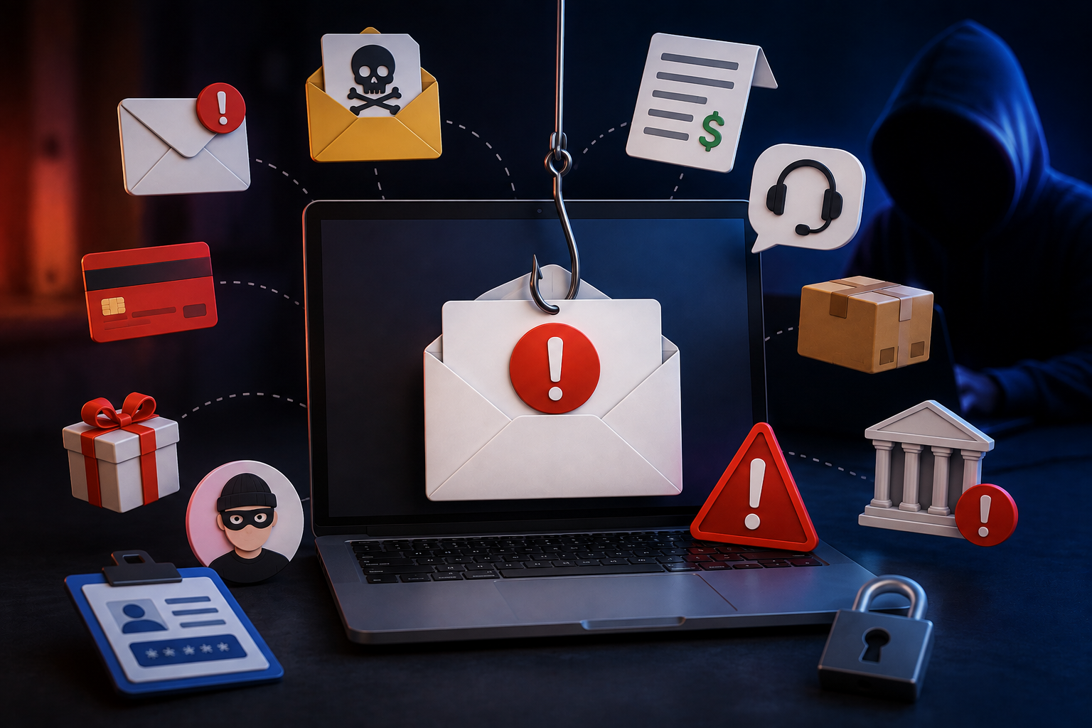 3D illustration of common email scams showing a phishing email on a laptop surrounded by fraud, malware, banking, and cybersecurity threat icons.