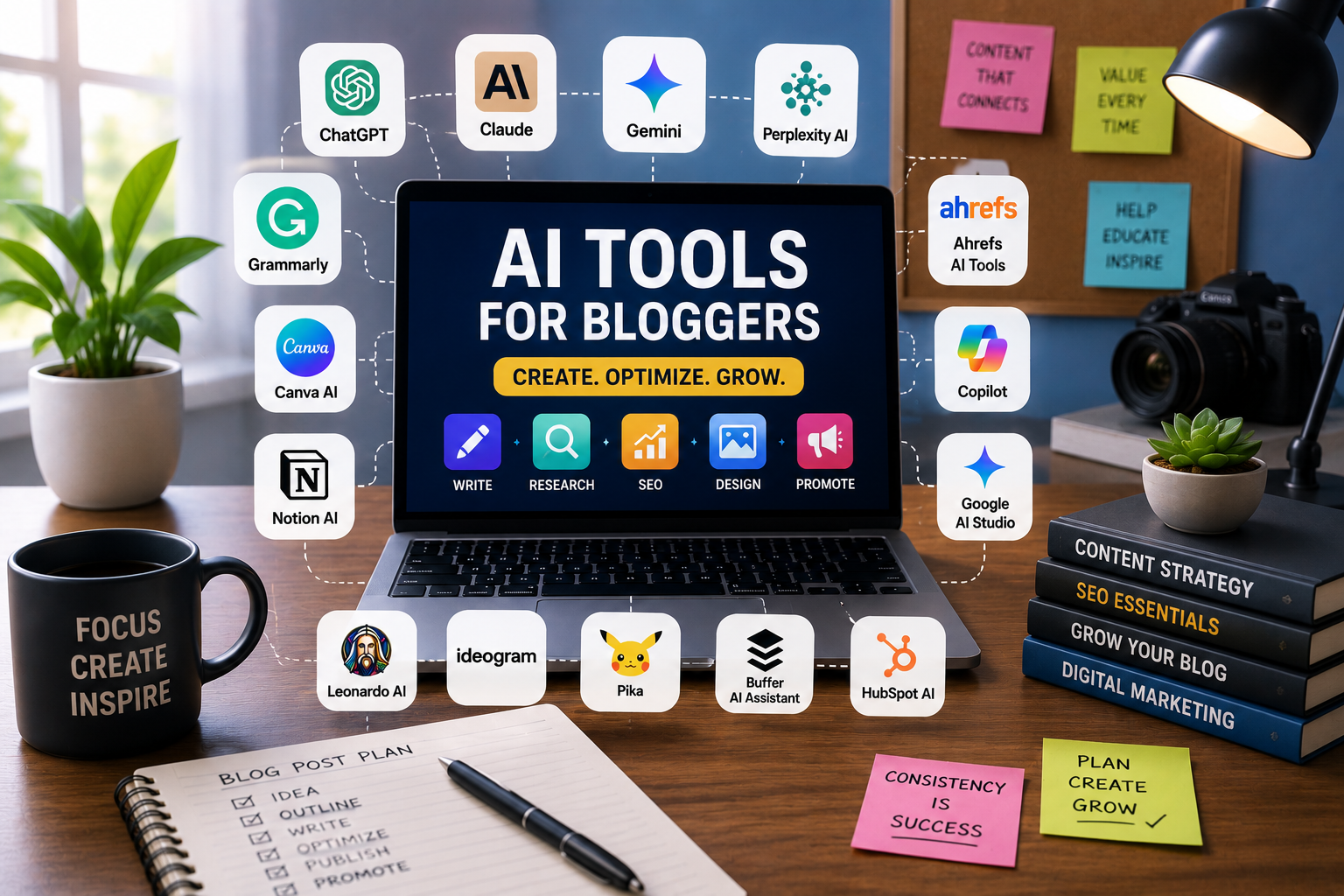 15 Best Free AI Tools for Bloggers in 2026 (Tested to Grow Your Blog Faster) 3 Best free AI tools for bloggers displayed on a modern content creation dashboard featuring AI writing, SEO, image generation, research, and productivity tools.