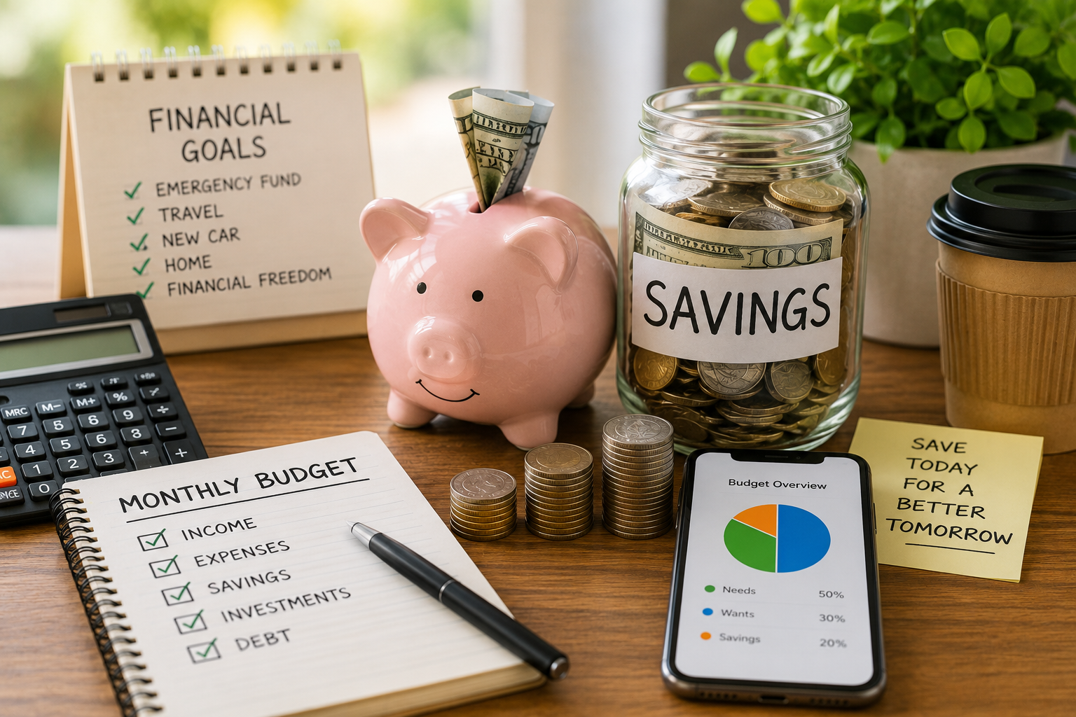 15 Simple Ways to Save Money Every Month (Easy Tips That Actually Work in 2026) 1 Ways to save money every month using a monthly budget planner, calculator, piggy bank, smartphone, and stacked coins to manage personal finances.