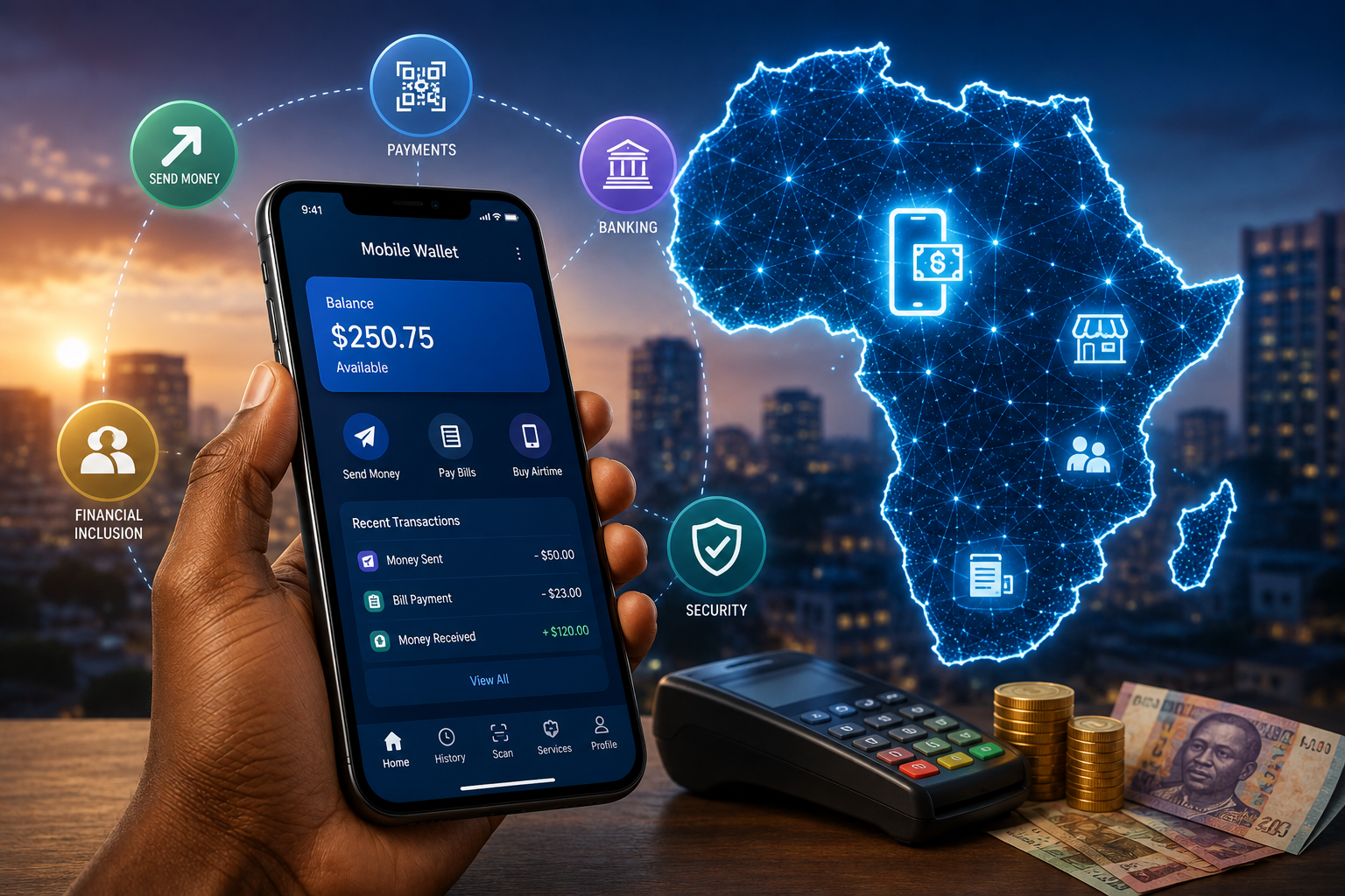 Future of Mobile Money in Africa (2026): 10 Game-Changing Trends 1 Future of mobile money in Africa with a smartphone displaying a digital wallet beside a connected map of Africa representing fintech innovation and digital payments