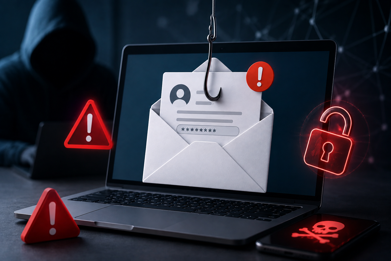 Realistic illustration of common email scams showing a phishing email on a laptop with cybersecurity warning symbols and a hacker in the background.