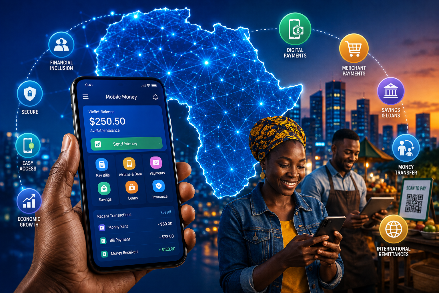 Future of Mobile Money in Africa (2026): 10 Game-Changing Trends 2 Future of mobile money in Africa showing digital wallet technology, QR code payments, fintech innovation, and connected financial services across Africa
