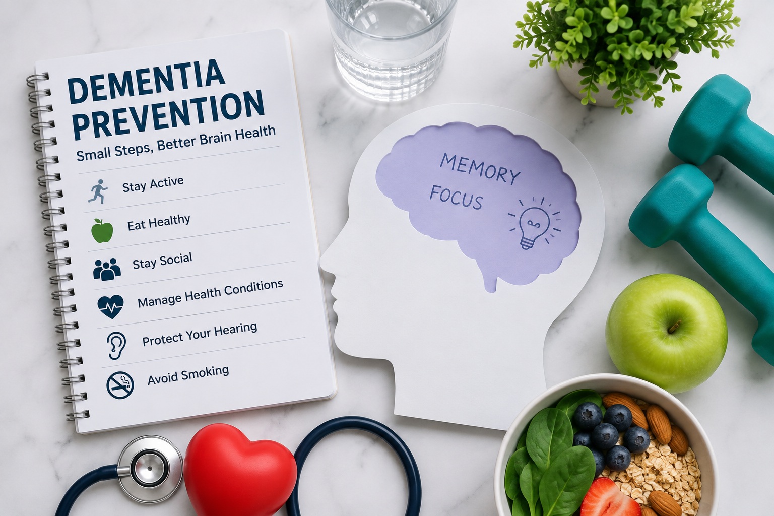 Dementia prevention checklist showing healthy lifestyle habits, brain health, exercise and social engagement