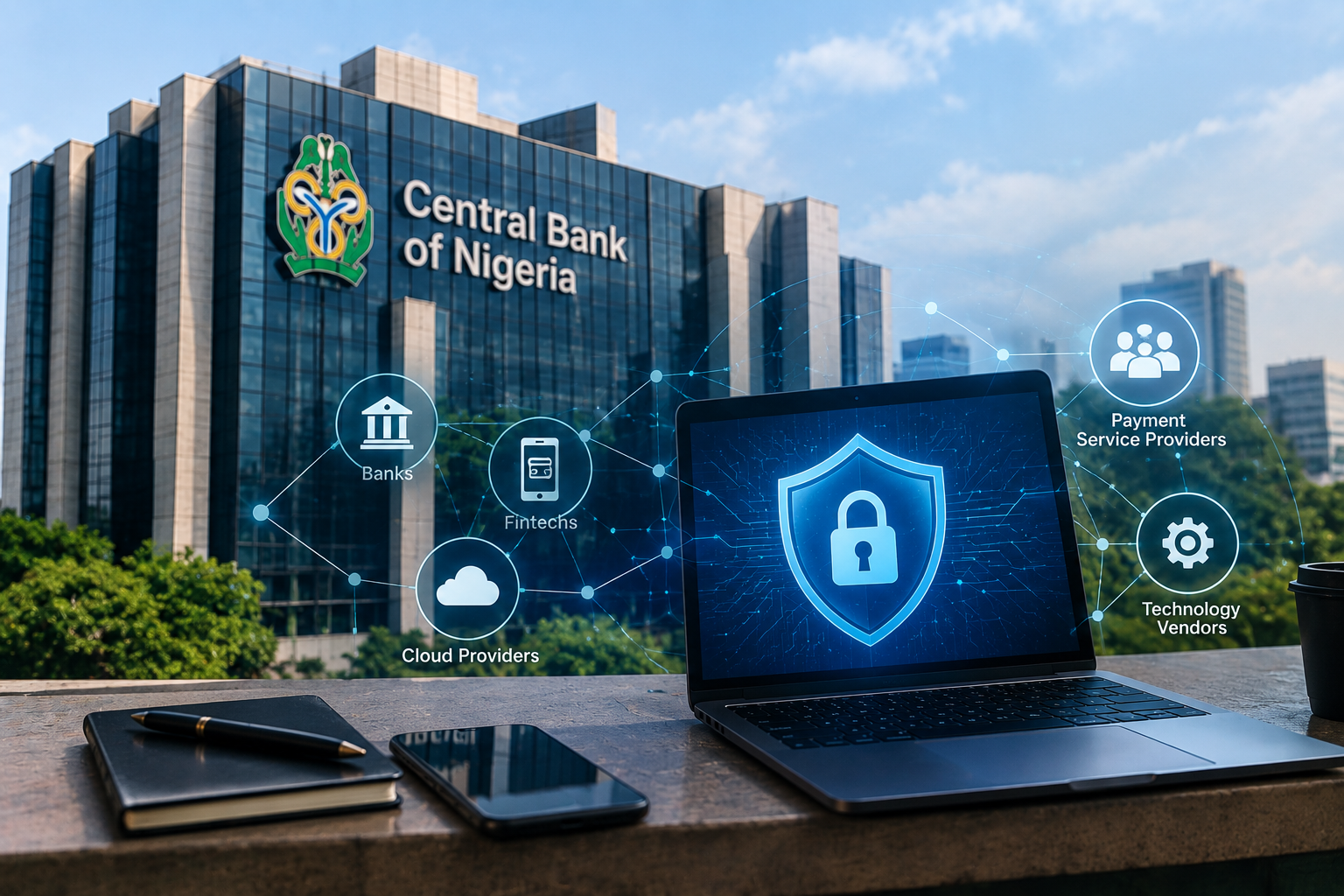 CBN cybersecurity concept showing the Central Bank of Nigeria building, a laptop with a digital security shield, and connected fintech and banking technology.