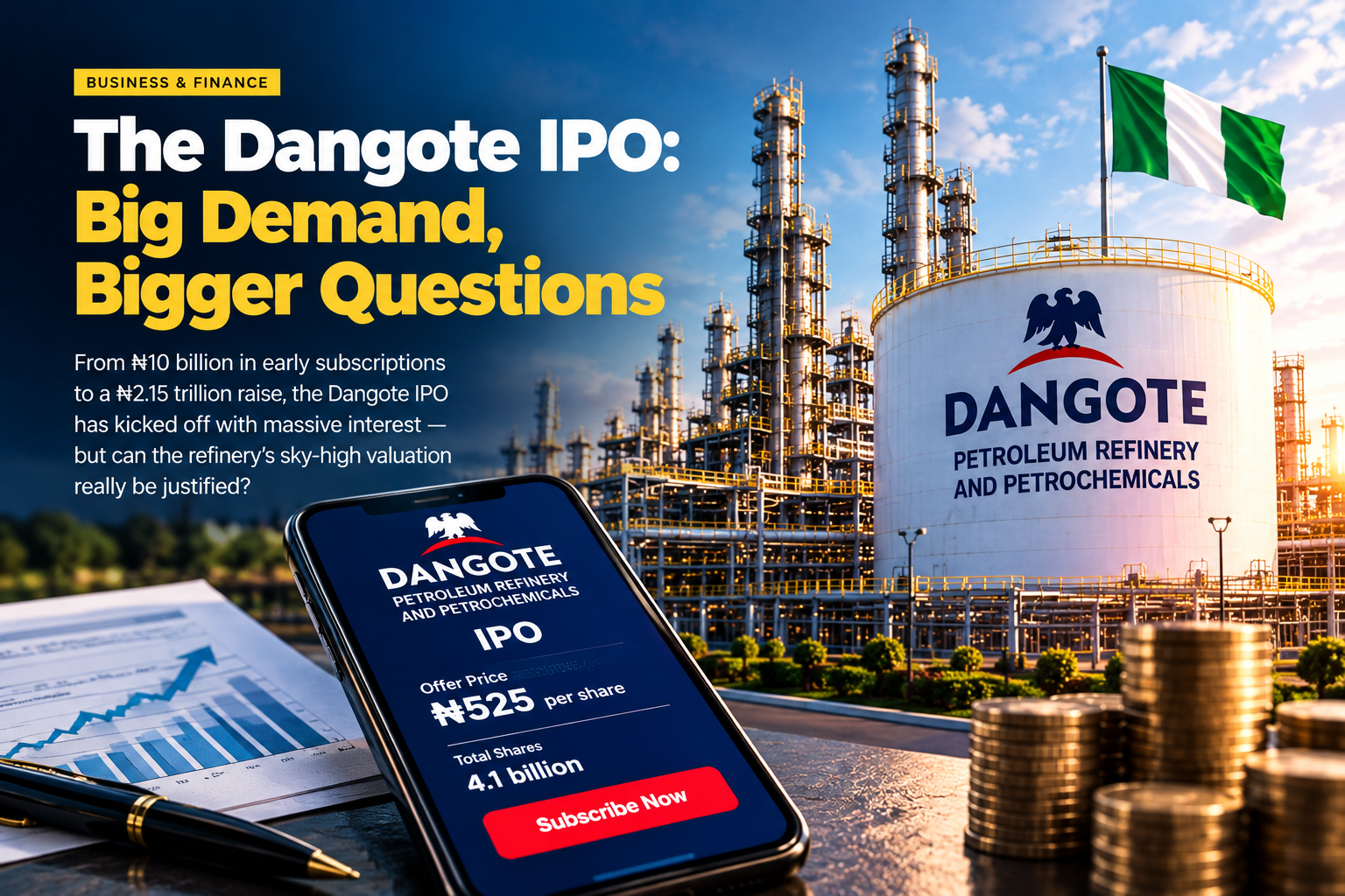 Dangote IPO Surges as Investors Pile In. Can the Refinery Live Up to the Hype? 2 Dangote IPO offering at ₦525 per share, with the Dangote Refinery, Nigerian flag, stock market chart and investment phone screen