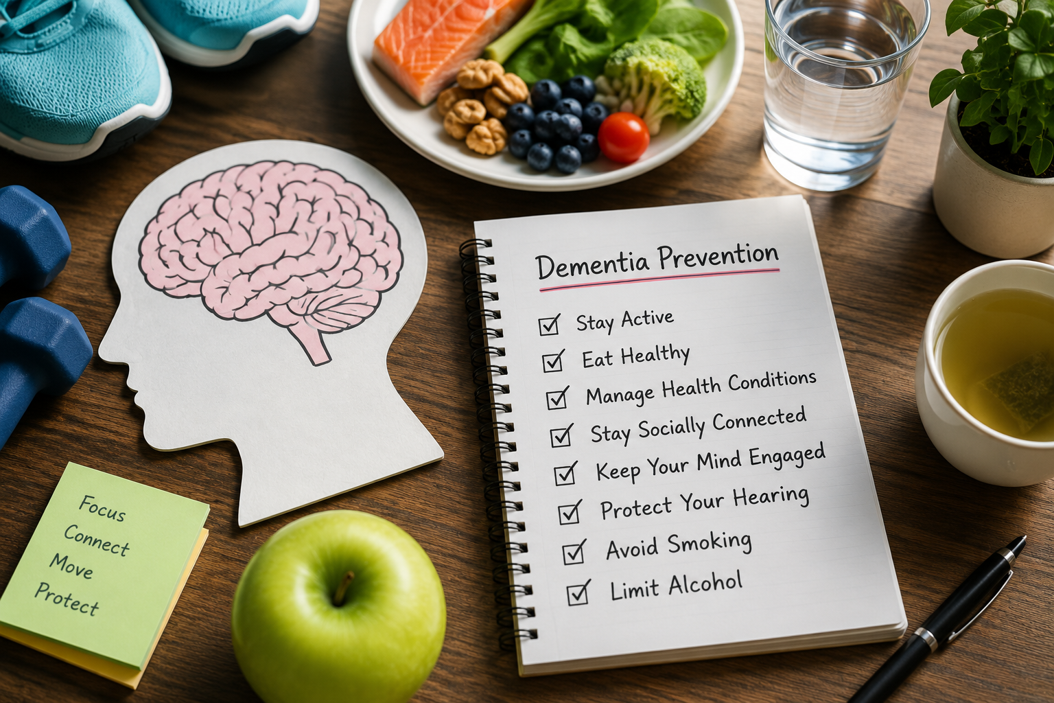 Dementia prevention checklist showing exercise, healthy eating, social connection and brain health habits