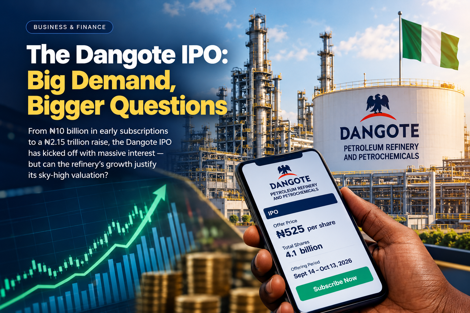 Dangote IPO Surges as Investors Pile In. Can the Refinery Live Up to the Hype? 1 Dangote IPO offering at ₦525 per share, with the Dangote Refinery, Nigerian flag, stock market chart and investment phone screen