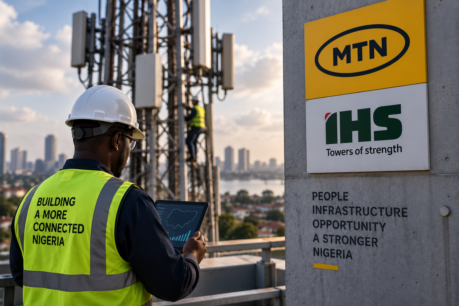 Telecom technician inspecting IHS tower infrastructure as MTN expands its role in Nigeria's telecom industry