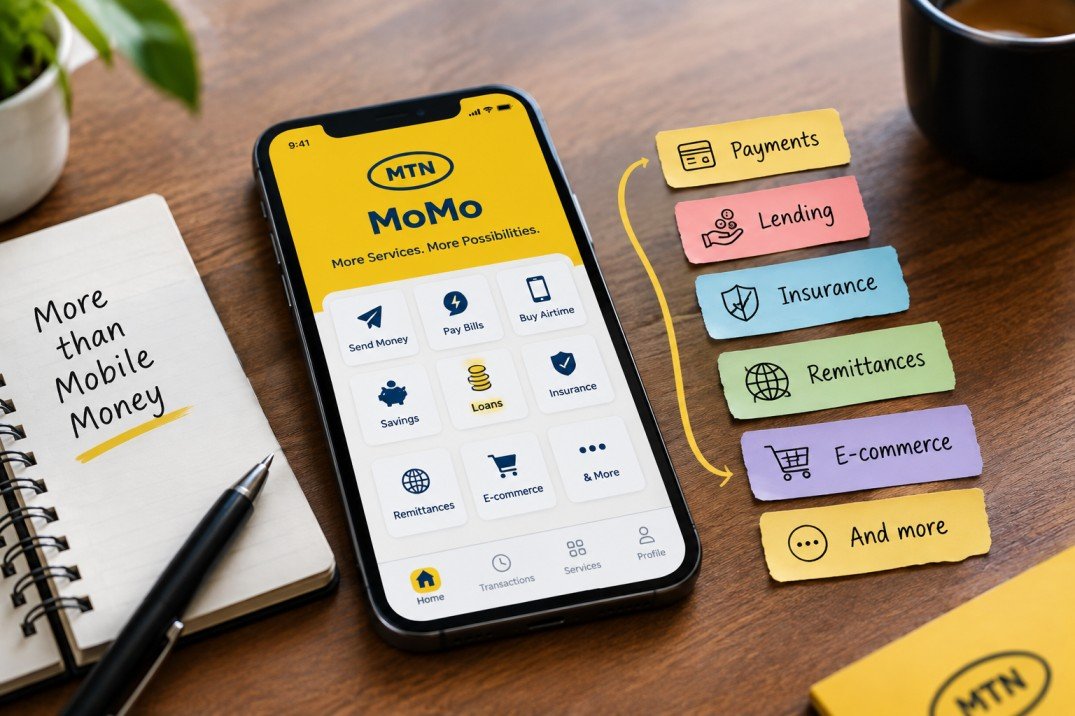 MTN MoMo Is Making a Powerful Move Beyond Mobile Money 1 MTN MoMo mobile app showing payments, lending, insurance, remittances, savings and e-commerce services.