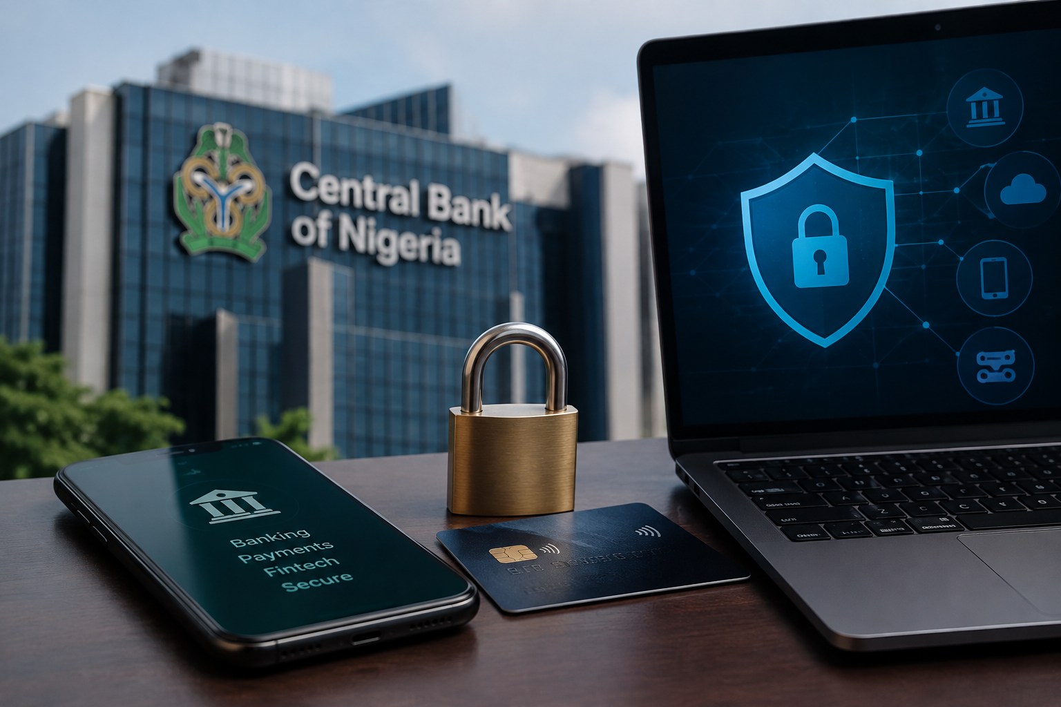 CBN cybersecurity concept showing the Central Bank of Nigeria building, a laptop with a digital security shield, and connected fintech and banking technology.