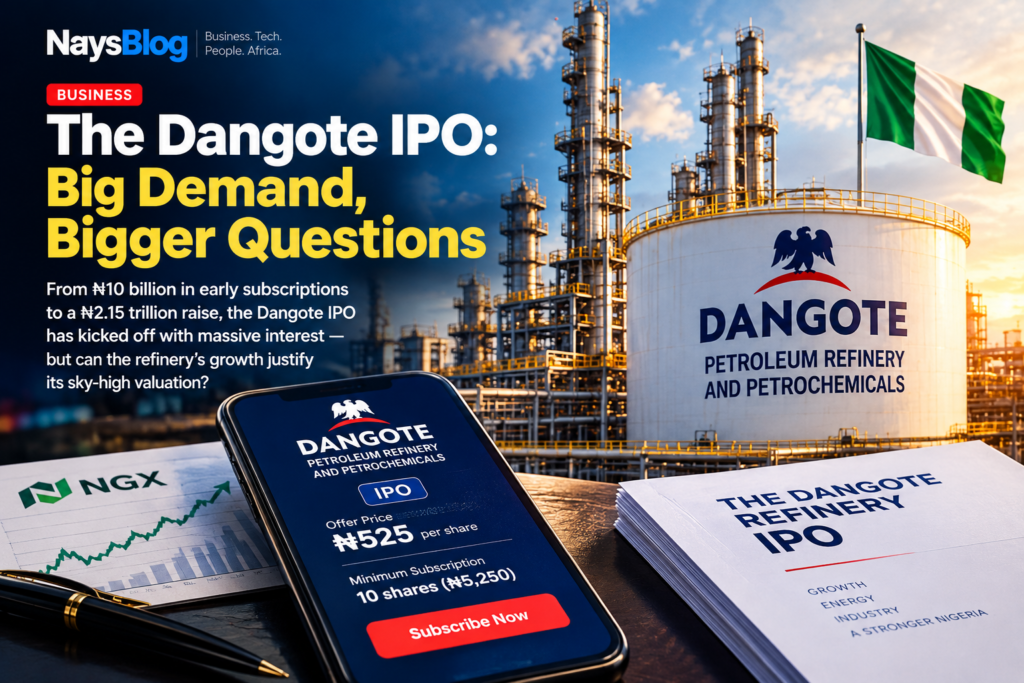 Dangote IPO offering at ₦525 per share, with the Dangote Refinery, Nigerian flag, stock market chart and investment phone screen